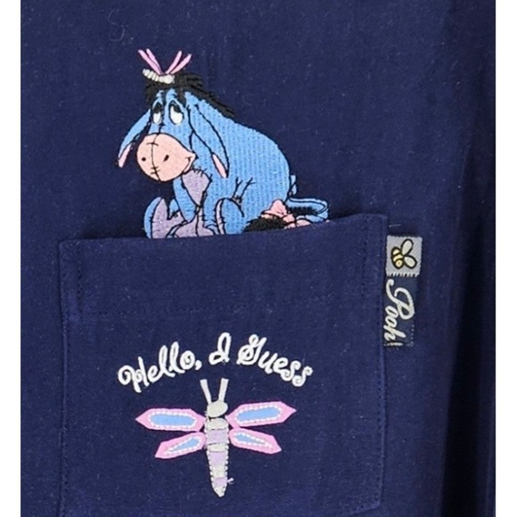 Disney Eeyore Winnie the Pooh Navy Blue Faux Suede Button Down Shirt Women Large - Picture 2 of 7